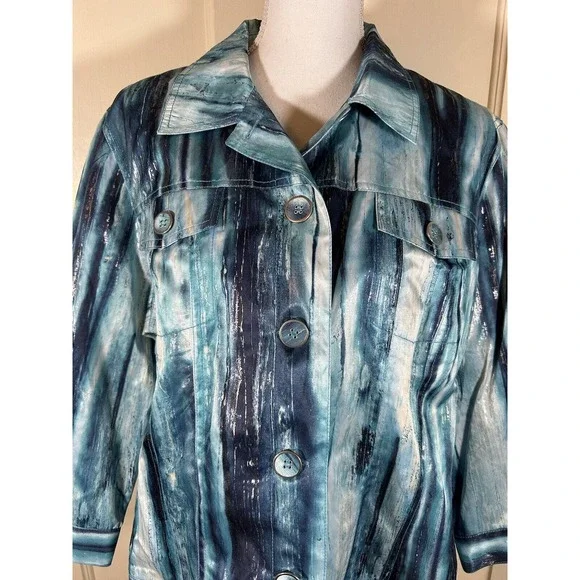 Chicos Women’s Metallic Blue White Splash Design Blazer Jacket Size XL - Picture 2 of 10